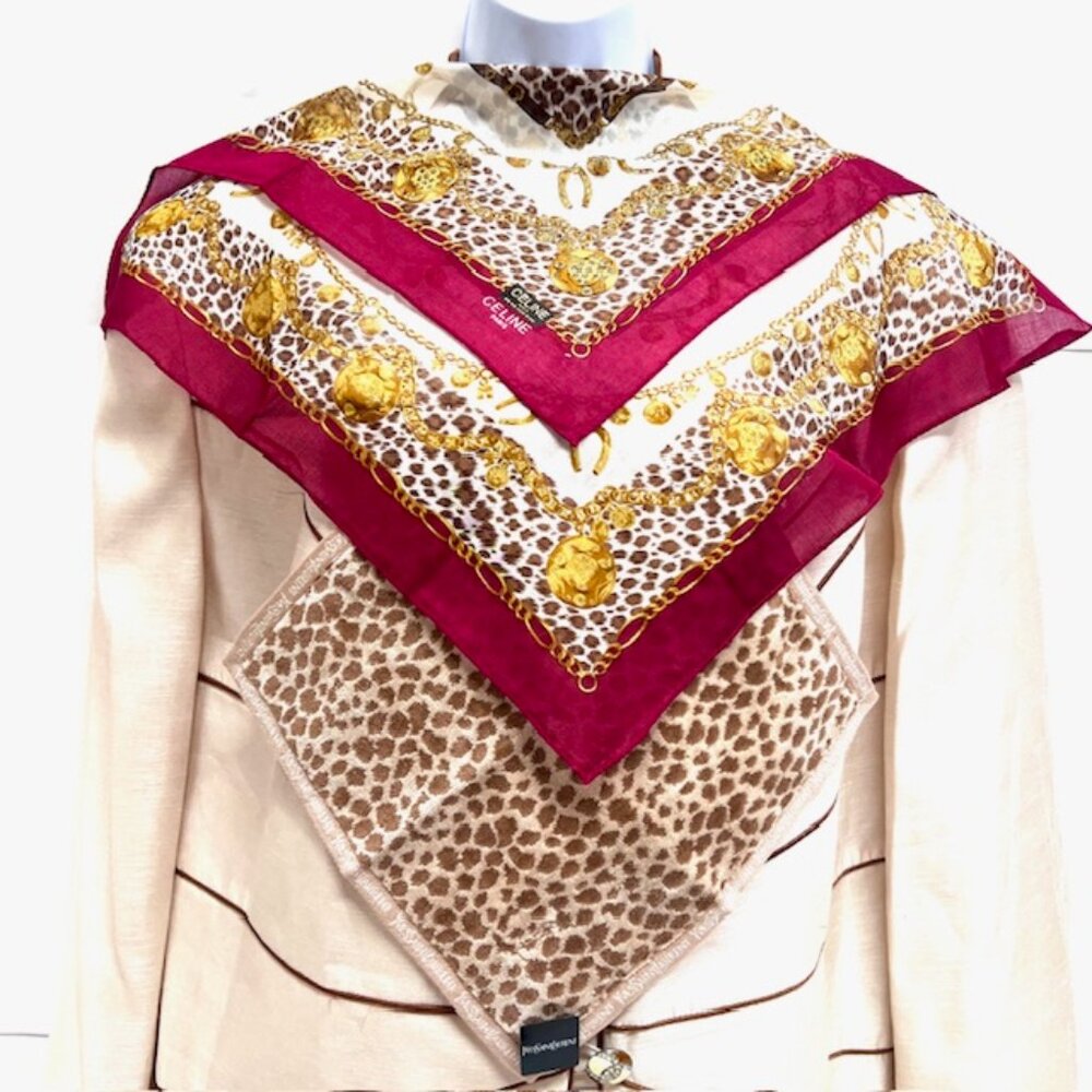 2 New:1 Celine Paris Handker 19" Burgendy Leapard Gold +1 YSL Hand Towel (68) - Picture 3 of 11